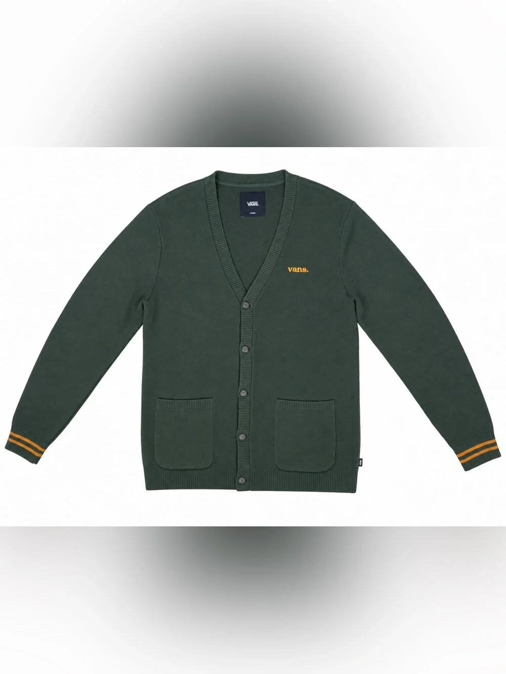 Vans Cotton Knit Cardigan Large Forest Green V-Neck Button Front Relaxed Fit